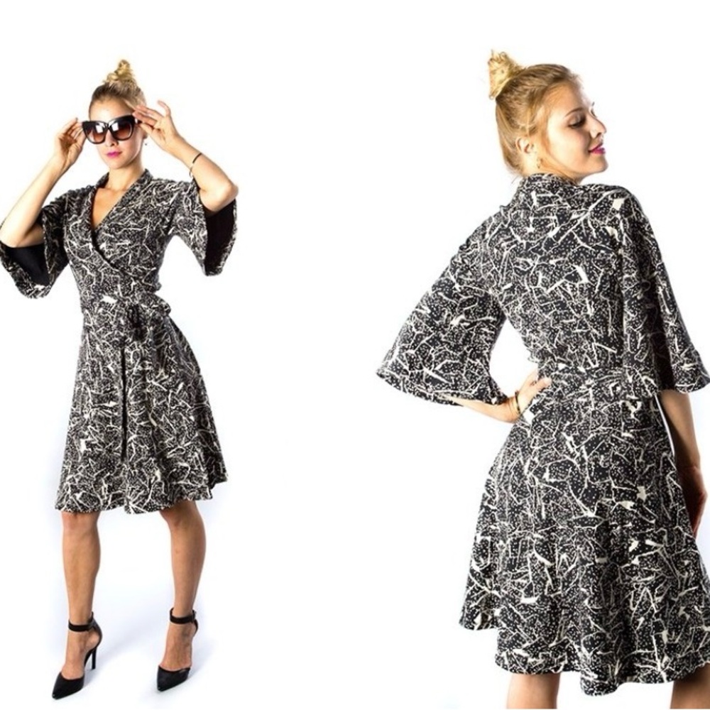 Betabrand Black & White Abstract Wrap Midi Dress